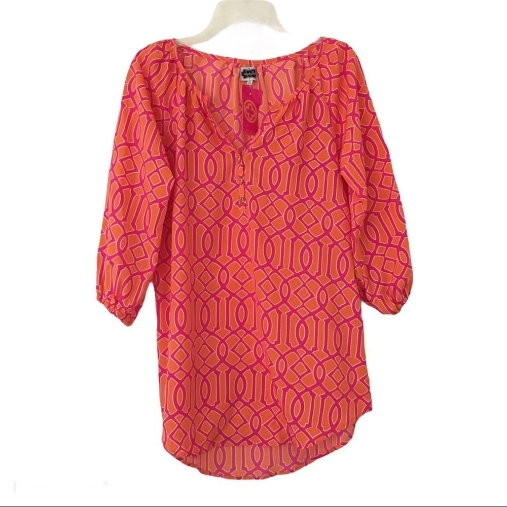 Mud Pie Reese Tunic Top in Orange & Pink Lattice Print NWT Size Small